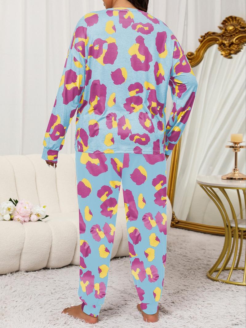 Two-Piece Plus Size Leopard Print Pajama Set Casual Drop Shoulder T-Shirt and Solid Color Long Pants Set for Women Spring and Autumn Pajamas Women's Pajamas