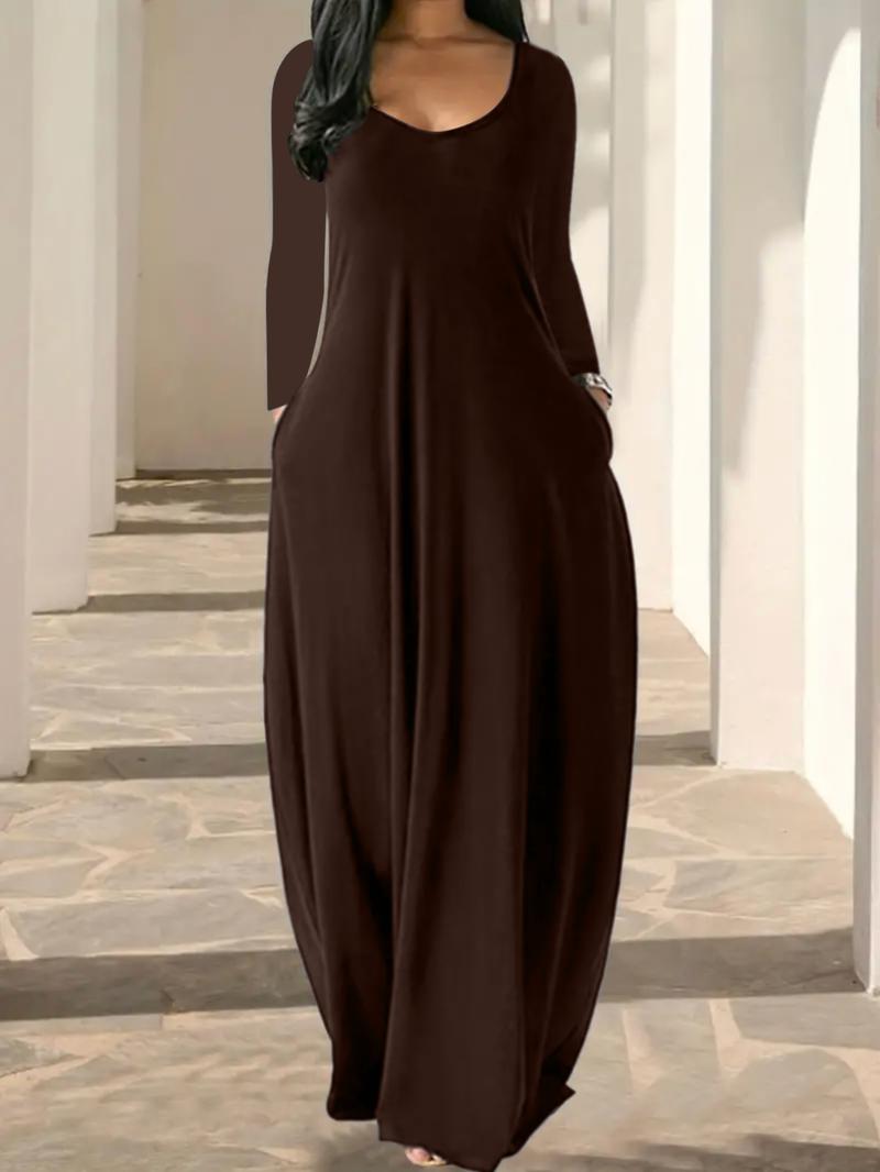 Women's Long Nightgown, Coffee Leopard Print, Casual Round Neck Long Sleeve Pocket Sleepwear, Soft Comfortable All-Season Loungewear Women's Long Nightgown, Coffee Leopard Print, Casual Round Neck Long Sleeve Pocket Sleepwear, Soft Comfortable All-Season Loungewear