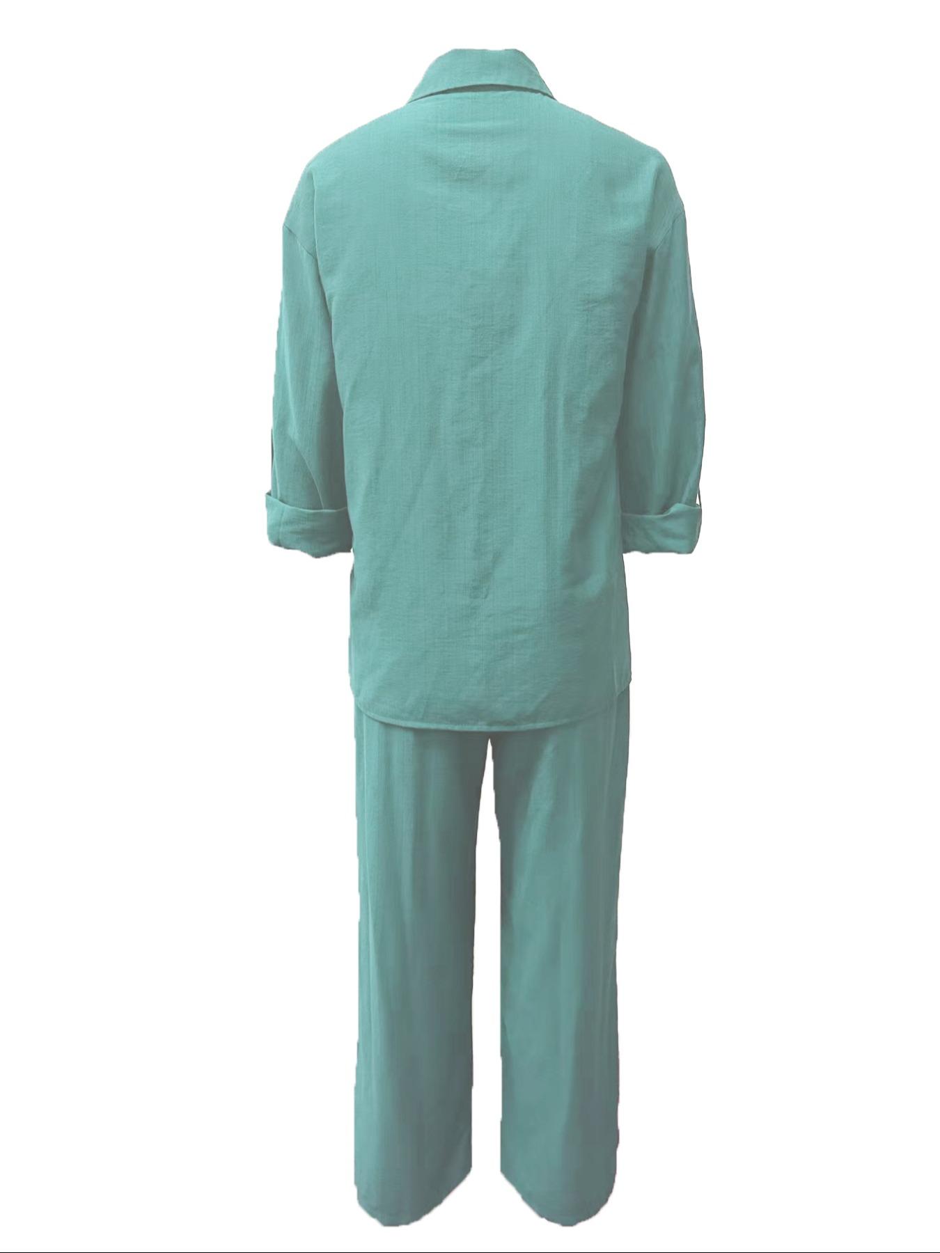 Women's Solid Color Shirt & Wide Leg Pants Set, Casual Fashion Cozy Breathable Two-piece Outfits for Daily Outdoor Wear, Women Clothes for Spring Fall Women's Solid Color Shirt & Wide Leg Pants Set, Casual Fashion Cozy Breathable Two-piece Outfits for Daily Outdoor Wear, Women Clothes for Spring Fall