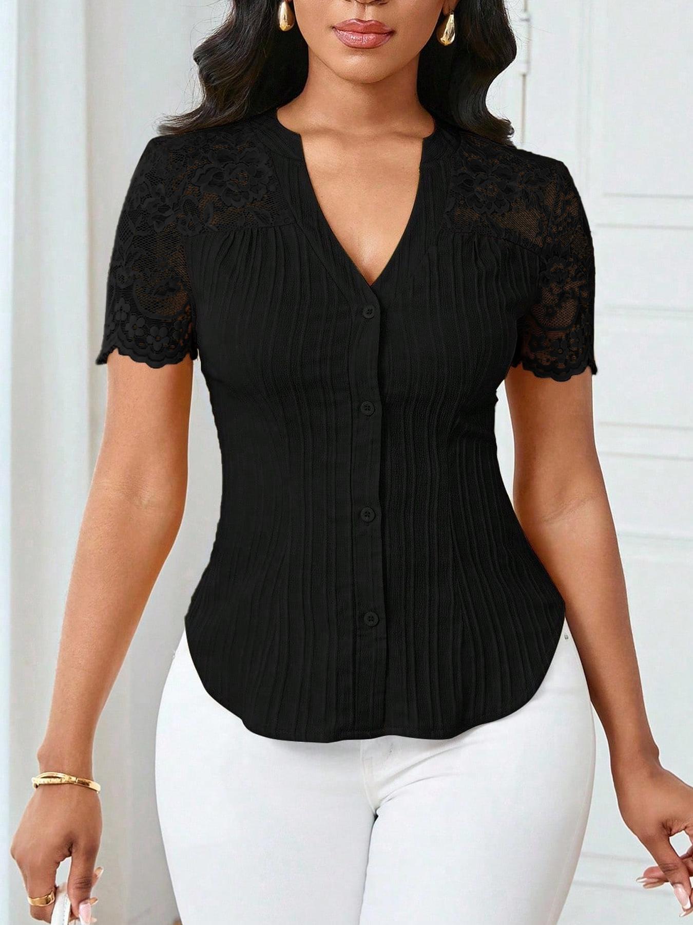 Women's Solid Color Simple Basic Commuter Casual Fitted Shirt Summer Style, Ladies Plain Design Office Wear, Comfortable and Stylish Blouse Tops