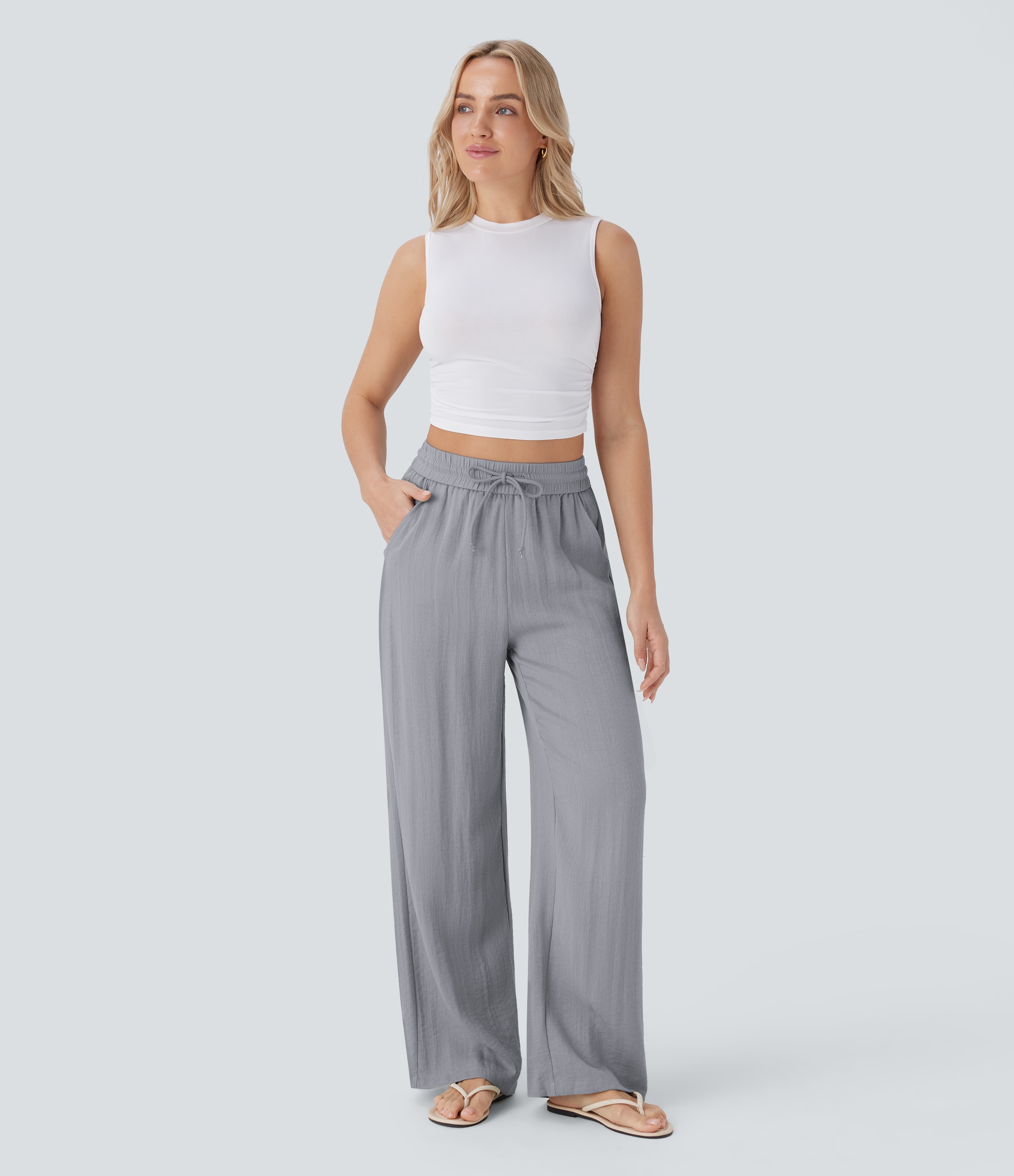 2026🔥 Halara High Waisted Drawstring Pocket Wide Leg Casual Linen-Feel Pants