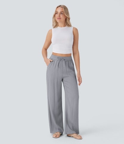 2026🔥 Halara High Waisted Drawstring Pocket Wide Leg Casual Linen-Feel Pants