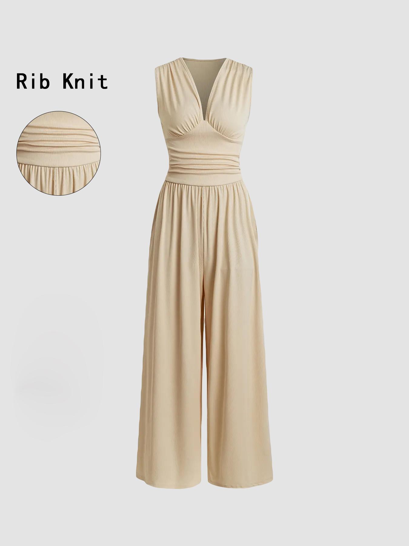 Women's Plain Ruched Deep V Neck Wide Leg Jumpsuit, Sleeveless Ribbed Jumpsuit for Daily Wear, Ladies Clothes for All Seasons, Casual Basic Jumpsuit, Casual Jumpsuits Women's Plain Ruched Deep V Neck Wide Leg Jumpsuit, Sleeveless Ribbed Jumpsuit for Daily Wear, Ladies Clothes for All Seasons, Casual Basic Jumpsuit, Casual Jumpsuits