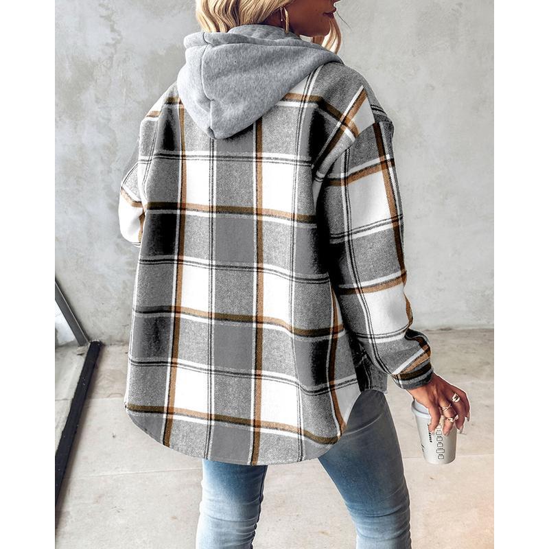 Women's Plaid Shacket Fleece Lined Hooded Jacket Long Sleeve Button Down Warm Coat for Fall and Winter