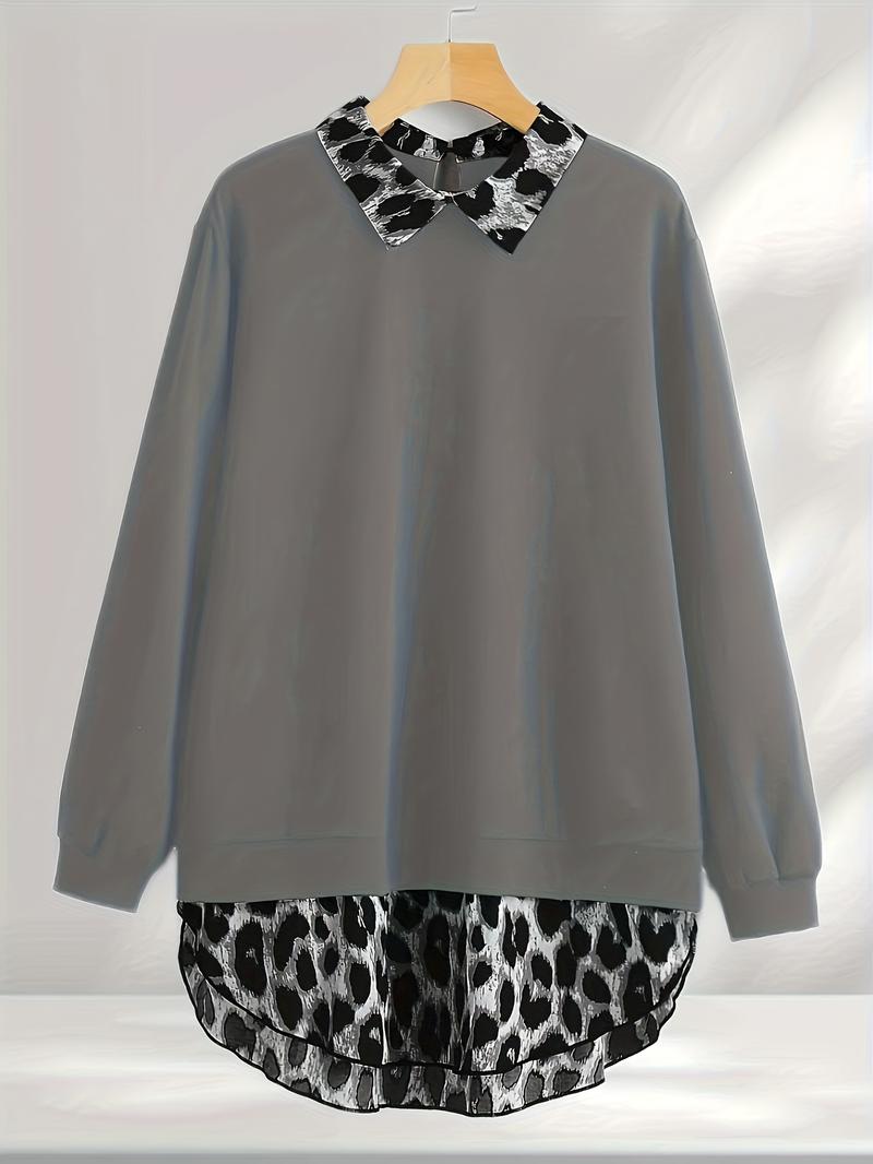 【Plus Size】 Leopard Print Curved Hem Pullover Sweatshirt, Casual Long Sleeve Sweatshirt for Fall & Winter, Women's Clothing for Daily Wear