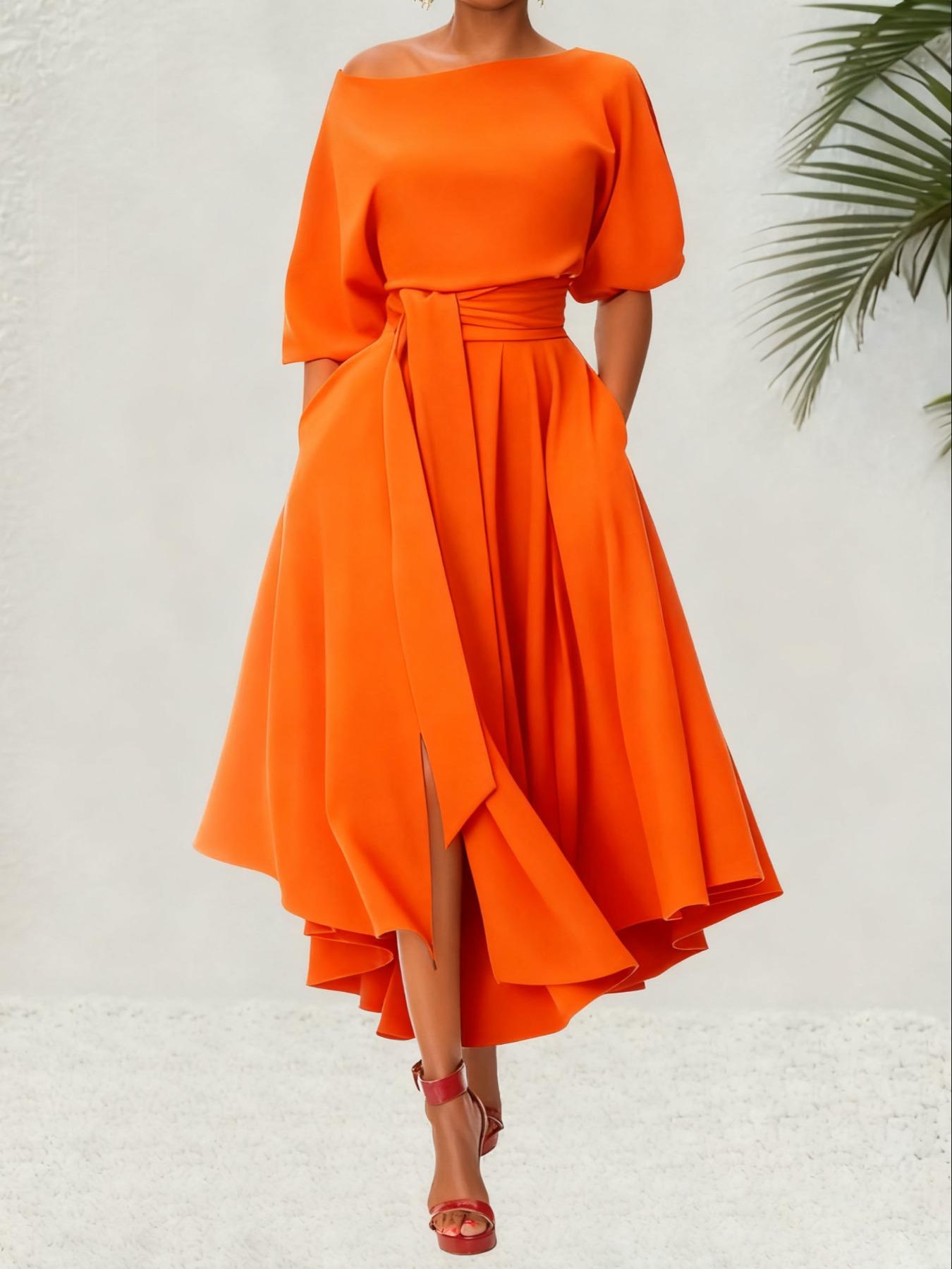 Women's Plain Belted Split Boat Neck Dress, Elegant Bishop Sleeve A Line Dress for Summer, Summer Outfits 2024, Fashion Women's Dress for Casual Daily Wear, Womenswear Women's Plain Belted Split Boat Neck Dress, Elegant Bishop Sleeve A Line Dress for Summer, Summer Outfits 2024, Fashion Women's Dress for Casual Daily Wear, Womenswear