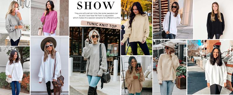 Ebifin Womens Oversized Tunic Sweaters Fall Slouchy Long Sleeve Ribbed Knit Side Slit Pullover Jumper