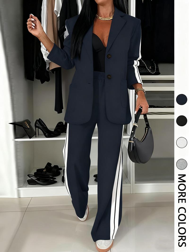 Women's Striped Print Blazer Jacket & Wide Leg Pants Set, Casual Fitted Suit for All Seasons, Stylish Ladies' Clothing Ensemble Women's Striped Print Blazer Jacket & Wide Leg Pants Set, Casual Fitted Suit for All Seasons, Stylish Ladies' Clothing Ensemble