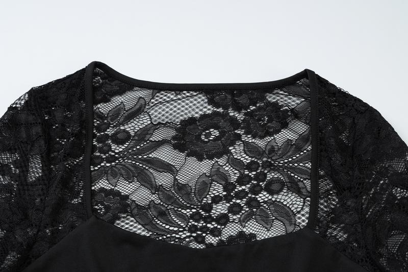 Women's Solid Color Lace Floral Spliced Ruffles Trim Sheer Long Sleeve Tee, Sexy Flower Pattern Designed Slim-fit T-shirt for Party Club Holiday, Ladies Summer Clothes, Top Women's Solid Color Lace Floral Spliced Ruffles Trim Sheer Long Sleeve Tee, Sexy Flower Pattern Designed Slim-fit T-shirt for Party Club Holiday, Ladies Summer Clothes, Top