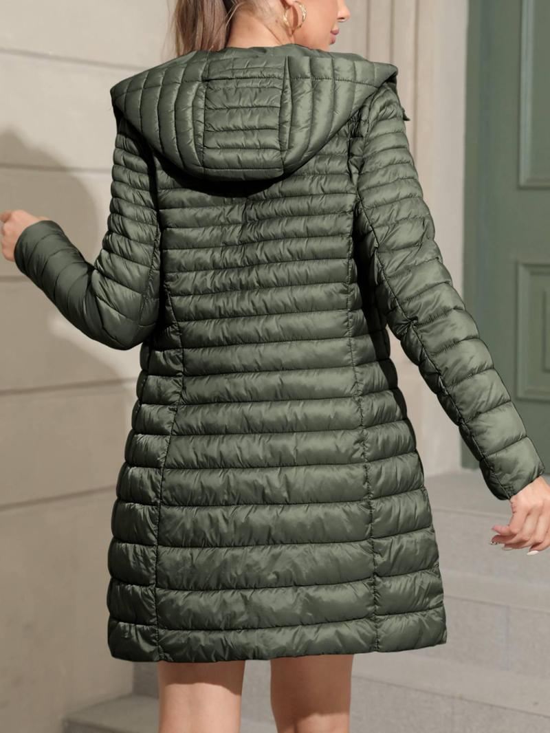 Women's Plus Size Puffer Jacket, Elegant Hooded Coat with Pocket, Warm Mid-Length Outerwear for Fall & Winter, Casual Fitted Style