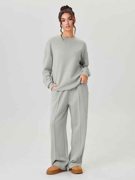 Women's Casual Solid Color Loose Long Sleeve Top & Exposed Stitches Trousers Co-ord