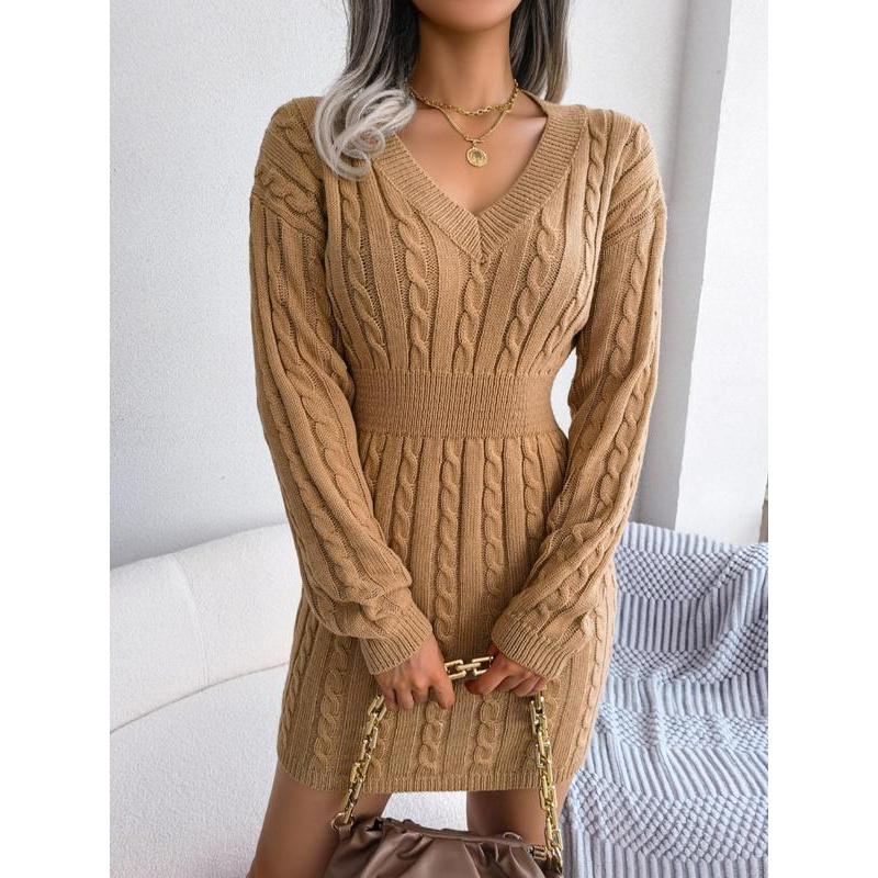 Women's Cozy V-Neck Cable Knit Sweater Dress – Soft Textured Drop Shoulder Long Sleeve Dress for Fall & Winter Women's Cozy V-Neck Cable Knit Sweater Dress – Soft Textured Drop Shoulder Long Sleeve Dress for Fall & Winter