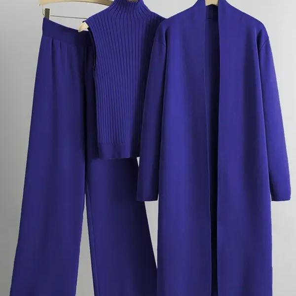 Trendy Knit Turtle Neck Tank & Wide Leg Trousers with Open-front Long Cardigan Three-piece Clothes Sets, Casual Womenswear Trendy Knit Turtle Neck Tank & Wide Leg Trousers with Open-front Long Cardigan Three-piece Clothes Sets, Casual Womenswear
