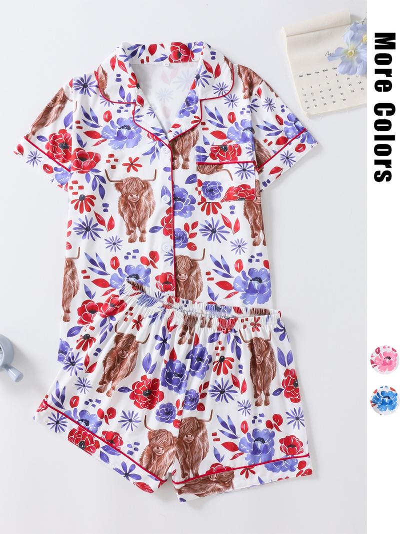 Women's Floral & Cow Print Top & Shorts Pajama Two-piece Set, Casual Comfy Short Sleeve Top & Shorts Pajama Set, Ladies Sleepwear for Summer, Womenswear Women's Floral & Cow Print Top & Shorts Pajama Two-piece Set, Casual Comfy Short Sleeve Top & Shorts Pajama Set, Ladies Sleepwear for Summer, Womenswear