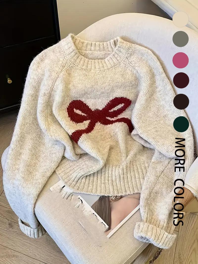 Elegant Bow Knit Sweater for Women, Sweet Autumn Winter Fashion, Thick Casual Pullover Top, Unique Design, Versatile Outerwear