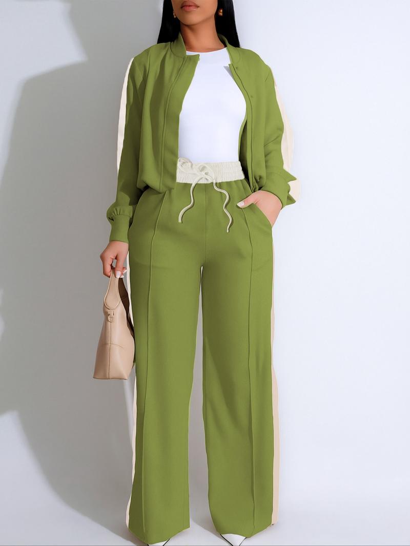 Two-piece Set Women's Patchwork Top & Wide Leg Pants Set, Casual Long Sleeve Outerwear & Pants for Daily Wear, Ladies Summer Clothes Two-piece Set Women's Patchwork Top & Wide Leg Pants Set, Casual Long Sleeve Outerwear & Pants for Daily Wear, Ladies Summer Clothes