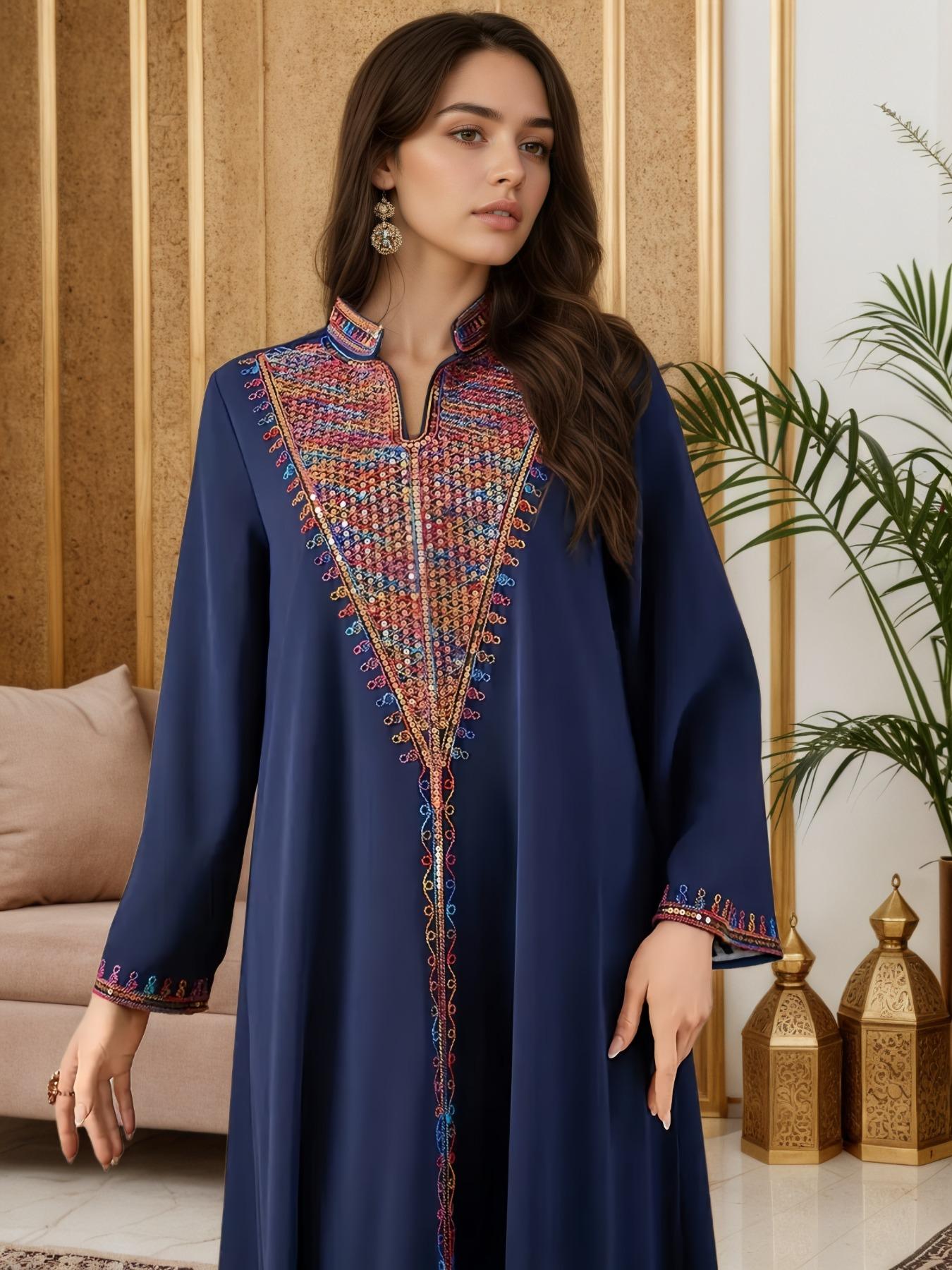 Elegant Muslim Women's Long Robe with Colorful Embroidery, Perfect for All Seasons, Stylish and Comfortable Clothing, Muslim Women Gowns Elegant Muslim Women's Long Robe with Colorful Embroidery, Perfect for All Seasons, Stylish and Comfortable Clothing, Muslim Women Gowns