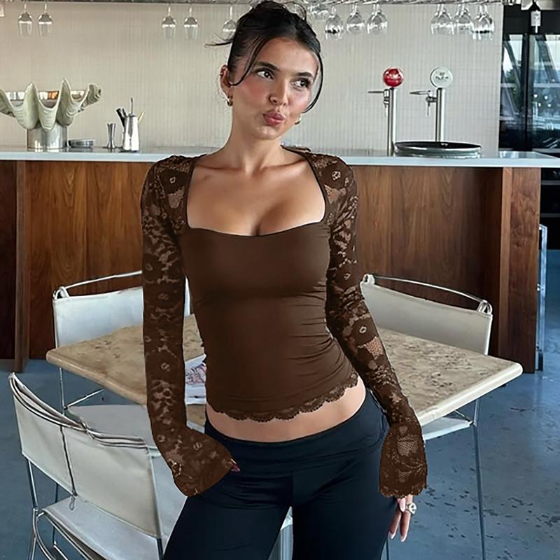 Women's Solid Color Lace Floral Spliced Ruffles Trim Sheer Long Sleeve Tee, Sexy Flower Pattern Designed Slim-fit T-shirt for Party Club Holiday, Ladies Summer Clothes, Top Women's Solid Color Lace Floral Spliced Ruffles Trim Sheer Long Sleeve Tee, Sexy Flower Pattern Designed Slim-fit T-shirt for Party Club Holiday, Ladies Summer Clothes, Top