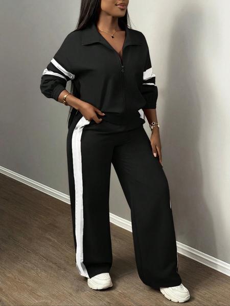 Women's Zipper Jacket & Striped Wide-Leg Pants Set, Streetwear & Casual, Two-Piece Suit for Daily Wear Women's Zipper Jacket & Striped Wide-Leg Pants Set, Streetwear & Casual, Two-Piece Suit for Daily Wear