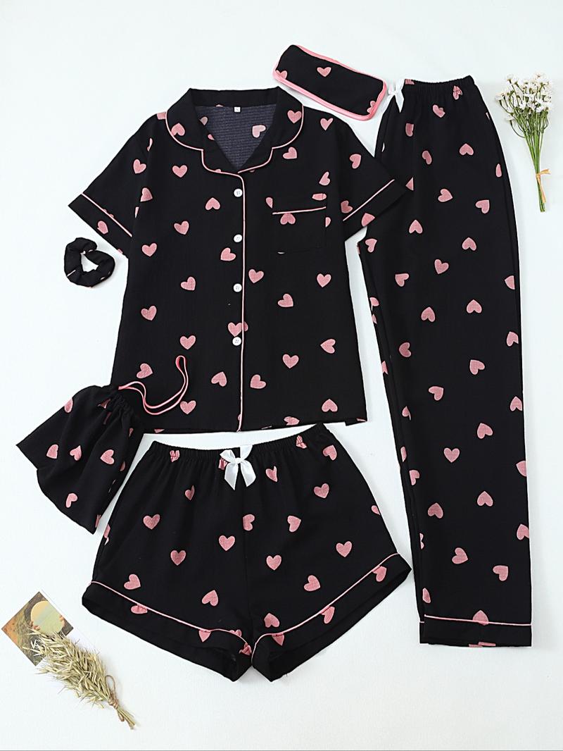 Women's All Over Print Top & Shorts & Pants & Accessories Pyjama Set, Casual Comfy Pj Set, Ladies Sleepwear for All Seasons Women's All Over Print Top & Shorts & Pants & Accessories Pyjama Set, Casual Comfy Pj Set, Ladies Sleepwear for All Seasons