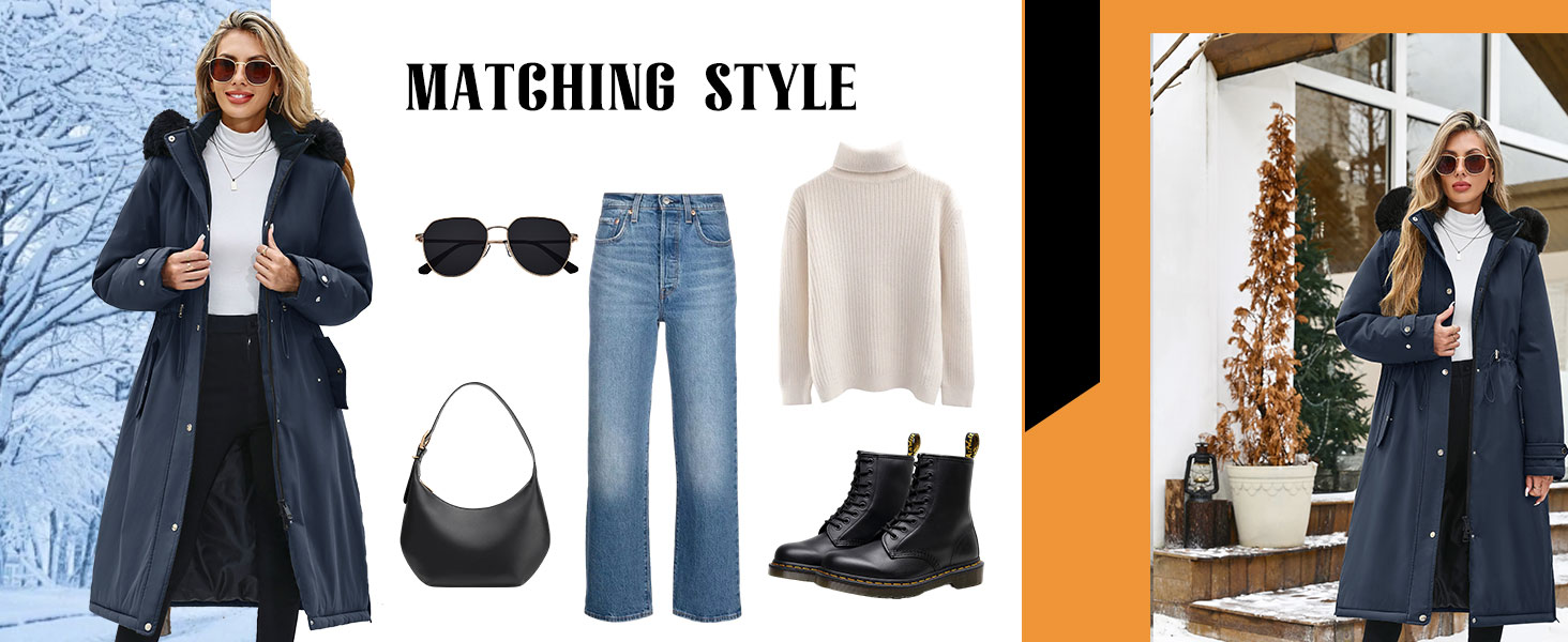 Text reads 'MATCHING STYLE'. Winter fashion collection featuring navy coat, jeans, boots, and accessories arranged in outfit grid format.