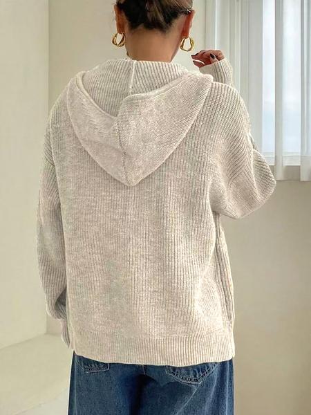 Women's Solid Color Zip Up Hooded Sweater Cardigan, Casual Long Sleeve Knitwear for Fall & Winter, Fashion Ladies' Knit Clothing for Daily Wear
