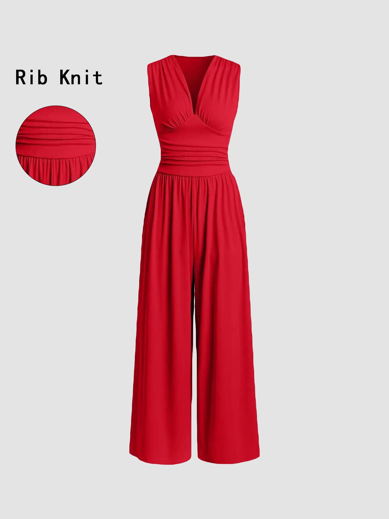 Women's Plain Ruched Deep V Neck Wide Leg Jumpsuit, Sleeveless Ribbed Jumpsuit for Daily Wear, Ladies Clothes for All Seasons, Casual Basic Jumpsuit, Casual Jumpsuits Women's Plain Ruched Deep V Neck Wide Leg Jumpsuit, Sleeveless Ribbed Jumpsuit for Daily Wear, Ladies Clothes for All Seasons, Casual Basic Jumpsuit, Casual Jumpsuits