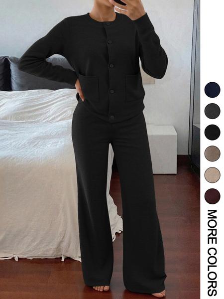 Women's Casual Comfortable Round Neck Long Sleeve Knit Sweater Set, High Waist Versatile Wide Leg Pants, Perfect for Daily Wear Women's Casual Comfortable Round Neck Long Sleeve Knit Sweater Set, High Waist Versatile Wide Leg Pants, Perfect for Daily Wear