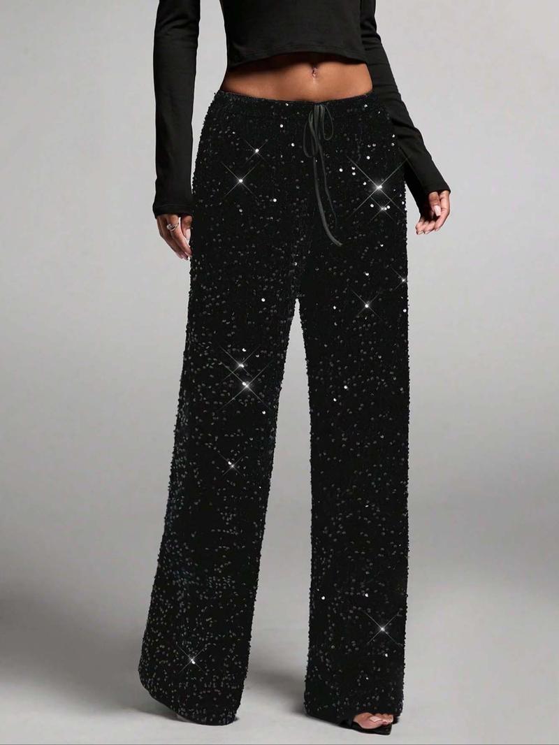 Women's Fashion Pants with Elastic Waistband, Bow Tie Design, Sequin Detailing, Stylish Long Trousers for Casual Wear Women's Fashion Pants with Elastic Waistband, Bow Tie Design, Sequin Detailing, Stylish Long Trousers for Casual Wear