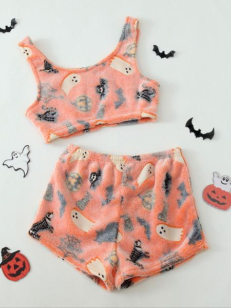 4 Counts/2 Set Women's Halloween Print Glow in The Dark Crop Tank Top & Elastic Waist Shorts Fluffy Pajamas, Casual Comfortable Loungewear for Women, Comfy Loungewear for Women, Women's Sleepwear for Fall, Fluffy Pajamas 4 Counts/2 Set Women's Halloween Print Glow in The Dark Crop Tank Top & Elastic Waist Shorts Fluffy Pajamas, Casual Comfortable Loungewear for Women, Comfy Loungewear for Women, Women's Sleepwear for Fall, Fluffy Pajamas