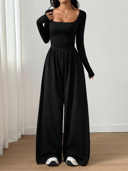 Women's Fall Winter Knit Wide Leg Jumpsuit, Casual Fashion Plain Color Round Neck One-Piece, Versatile Long Sleeve Romper Women's Fall Winter Knit Wide Leg Jumpsuit, Casual Fashion Plain Color Round Neck One-Piece, Versatile Long Sleeve Romper