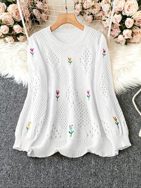 Plus Size Round Neck Floral Embroidery Hollow Out Casual Sweater, Stylish Women's Pullover for Spring & Fall Fashion