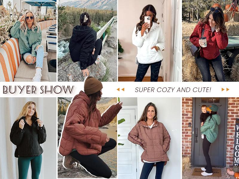 Tanming Women's Oversized Puffer Jacket Quilted Dolman Hoodies Pullover Long Sleeve Lightweight Warm Tops with Big Chest Pocket