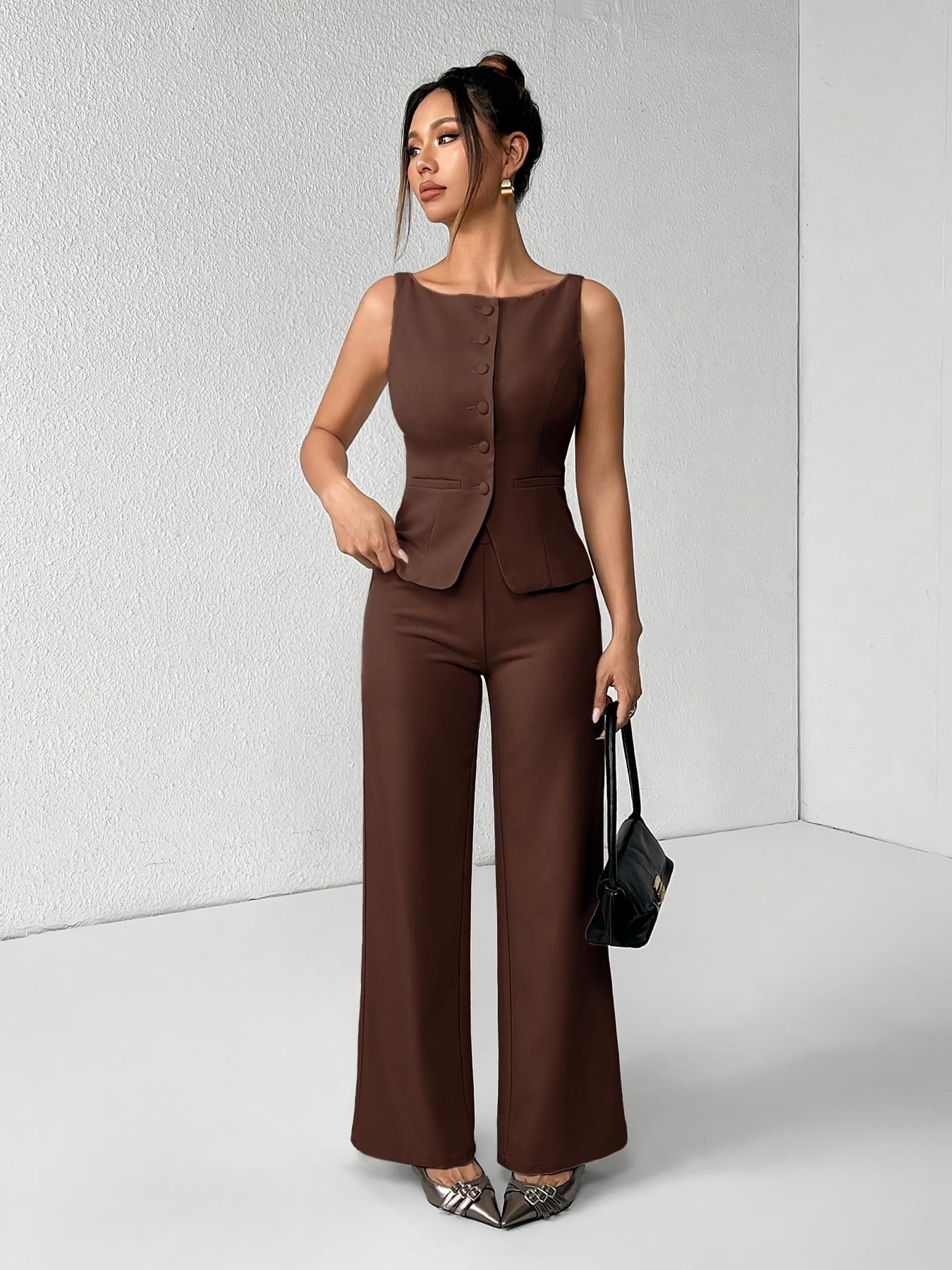 Women's Solid Button Front Sleeveless Tank Top & Wide Leg Pants Set, Casual Elegant Chic Minimalist Fashion Two-piece Set for Summer, Women's Clothing for Daily Wear, Suits, Office Siren Outfits, Casual Matching Set, Corporate Outfits Women Women's Solid Button Front Sleeveless Tank Top & Wide Leg Pants Set, Casual Elegant Chic Minimalist Fashion Two-piece Set for Summer, Women's Clothing for Daily Wear, Suits, Office Siren Outfits, Casual Matching Set, Corporate Outfits Women