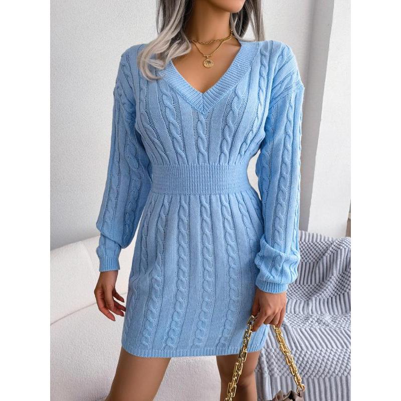 Women's Cozy V-Neck Cable Knit Sweater Dress – Soft Textured Drop Shoulder Long Sleeve Dress for Fall & Winter Women's Cozy V-Neck Cable Knit Sweater Dress – Soft Textured Drop Shoulder Long Sleeve Dress for Fall & Winter