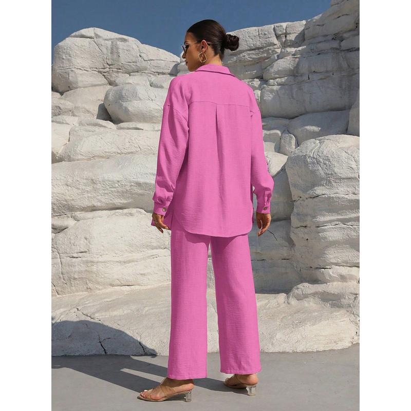 Women's Solid Button Front Shirt & Tie Front Wide Leg Pants Two-piece Set, Casual Drop Shoulder Long Sleeve Blouse Top & Trousers 2 Piece Set for Spring & Fall, Women's Clothes for Daily Wear Womenswear Suits Apricot Basic Minimalist Women's Solid Button Front Shirt & Tie Front Wide Leg Pants Two-piece Set, Casual Drop Shoulder Long Sleeve Blouse Top & Trousers 2 Piece Set for Spring & Fall, Women's Clothes for Daily Wear Womenswear Suits Apricot Basic Minimalist