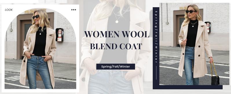 UANEO Women Winter Wool Blend Camel Mid-Long Coat Notch Double-Breasted Lapel Jacket Outwear