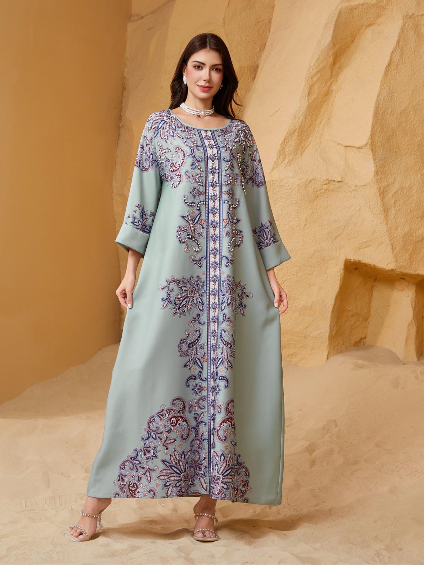 Elegant Boho Muslim Women's Long Robe, All over Print, Loose-Fitting, Round Neck, Flap Sleeves, Long Sleeve, All Seasons Elegant Boho Muslim Women's Long Robe, All over Print, Loose-Fitting, Round Neck, Flap Sleeves, Long Sleeve, All Seasons