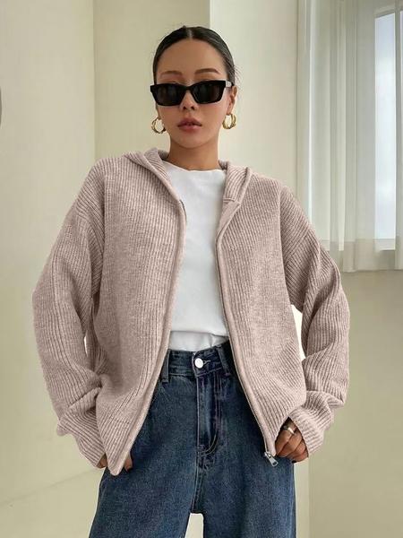 Women's Solid Color Zip Up Hooded Sweater Cardigan, Casual Long Sleeve Knitwear for Fall & Winter, Fashion Ladies' Knit Clothing for Daily Wear