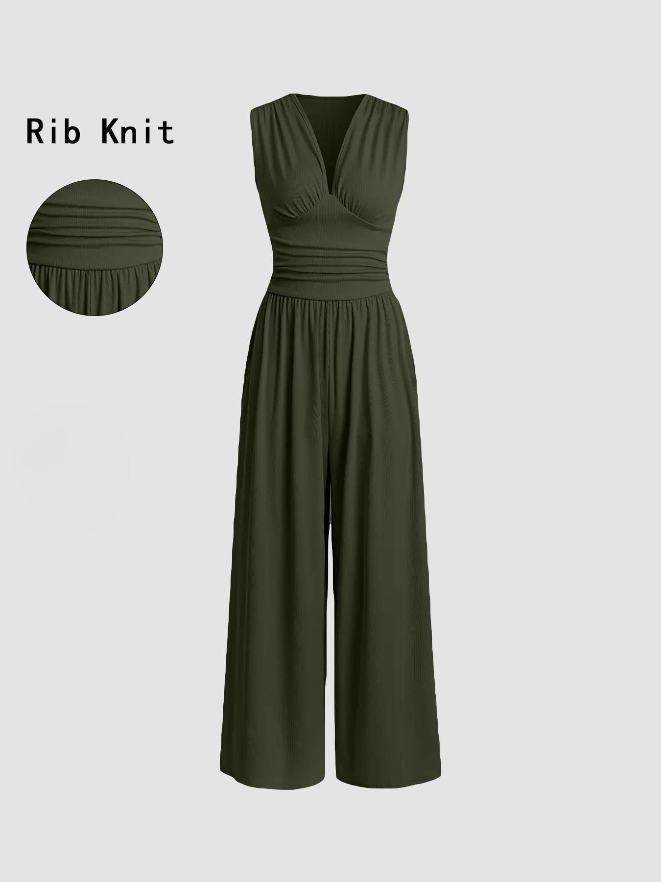 Women's Plain Ruched Deep V Neck Wide Leg Jumpsuit, Sleeveless Ribbed Jumpsuit for Daily Wear, Ladies Clothes for All Seasons, Casual Basic Jumpsuit, Casual Jumpsuits Women's Plain Ruched Deep V Neck Wide Leg Jumpsuit, Sleeveless Ribbed Jumpsuit for Daily Wear, Ladies Clothes for All Seasons, Casual Basic Jumpsuit, Casual Jumpsuits