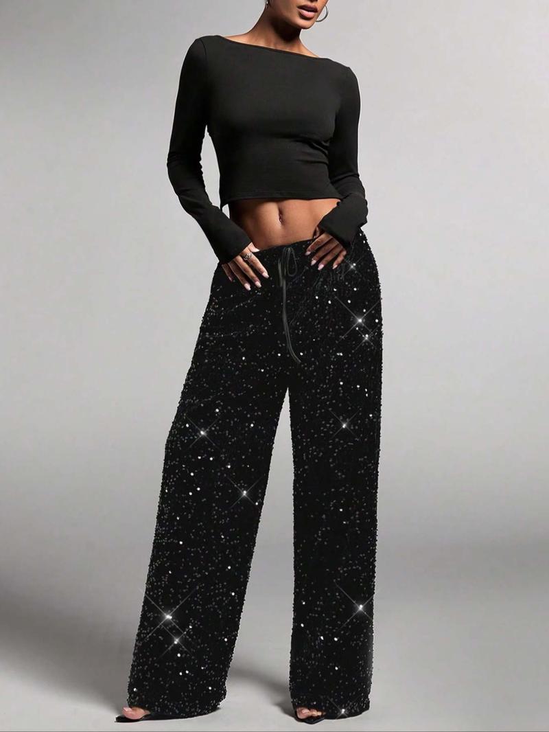 Women's Fashion Pants with Elastic Waistband, Bow Tie Design, Sequin Detailing, Stylish Long Trousers for Casual Wear Women's Fashion Pants with Elastic Waistband, Bow Tie Design, Sequin Detailing, Stylish Long Trousers for Casual Wear
