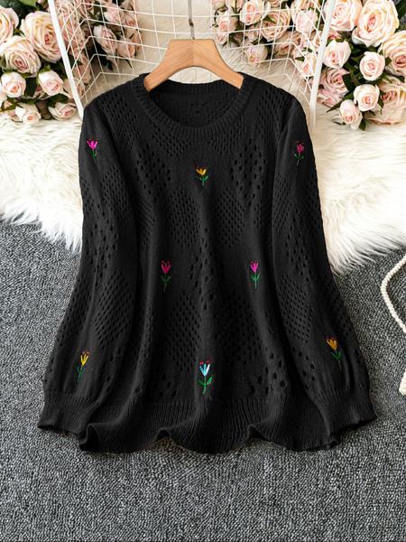 Plus Size Round Neck Floral Embroidery Hollow Out Casual Sweater, Stylish Women's Pullover for Spring & Fall Fashion