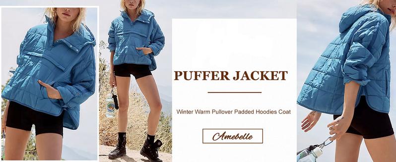 Tanming Women's Oversized Puffer Jacket Quilted Dolman Hoodies Pullover Long Sleeve Lightweight Warm Tops with Big Chest Pocket