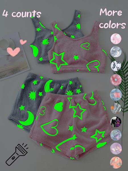 4 Counts/2 Set Women's Halloween Print Glow in The Dark Crop Tank Top & Elastic Waist Shorts Fluffy Pajamas, Casual Comfortable Loungewear for Women, Comfy Loungewear for Women, Women's Sleepwear for Fall, Fluffy Pajamas 4 Counts/2 Set Women's Halloween Print Glow in The Dark Crop Tank Top & Elastic Waist Shorts Fluffy Pajamas, Casual Comfortable Loungewear for Women, Comfy Loungewear for Women, Women's Sleepwear for Fall, Fluffy Pajamas