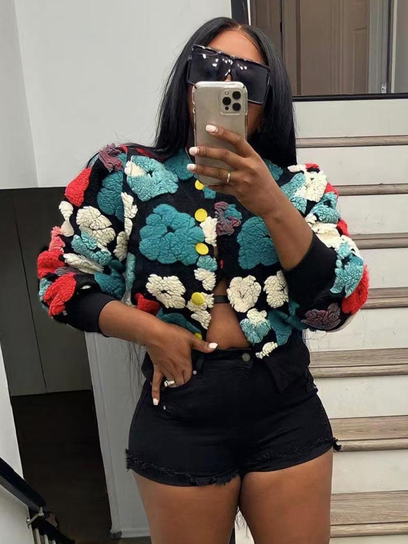 【Plus Size】 Floral Print Button Front Crop Jacket, Casual Long Sleeve Open Front Outerwear for Fall & Winter, Coat, Women's Clothes for Daily Wear, Clothing, Womenswear 【Plus Size】 Floral Print Button Front Crop Jacket, Casual Long Sleeve Open Front Outerwear for Fall & Winter, Coat, Women's Clothes for Daily Wear, Clothing, Womenswear