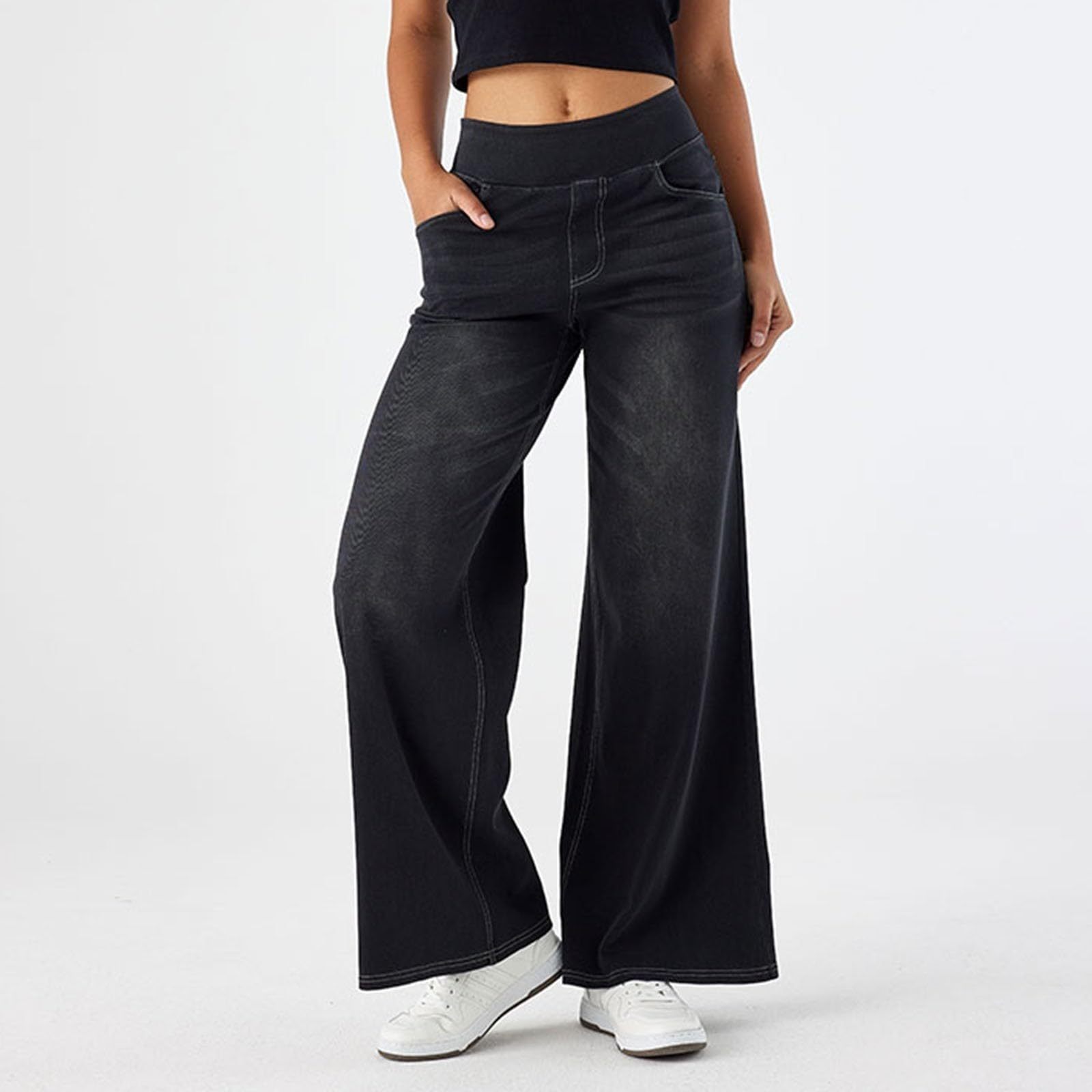 2026🔥 Halara FlexTM High Waisted Multiple Pockets Baggy Wide Leg Washed Stretchy Knit Casual Jeans
