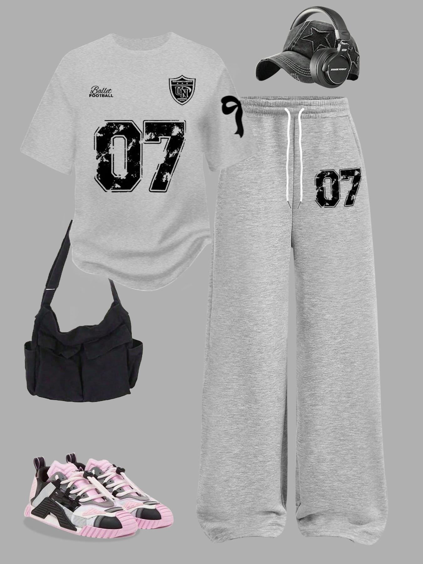 Women's Two-Piece Set, Digital Pattern Round Neck Short Sleeve Top & Loose Casual Pants, Summer Fashion for Vacation Travel, Outfit