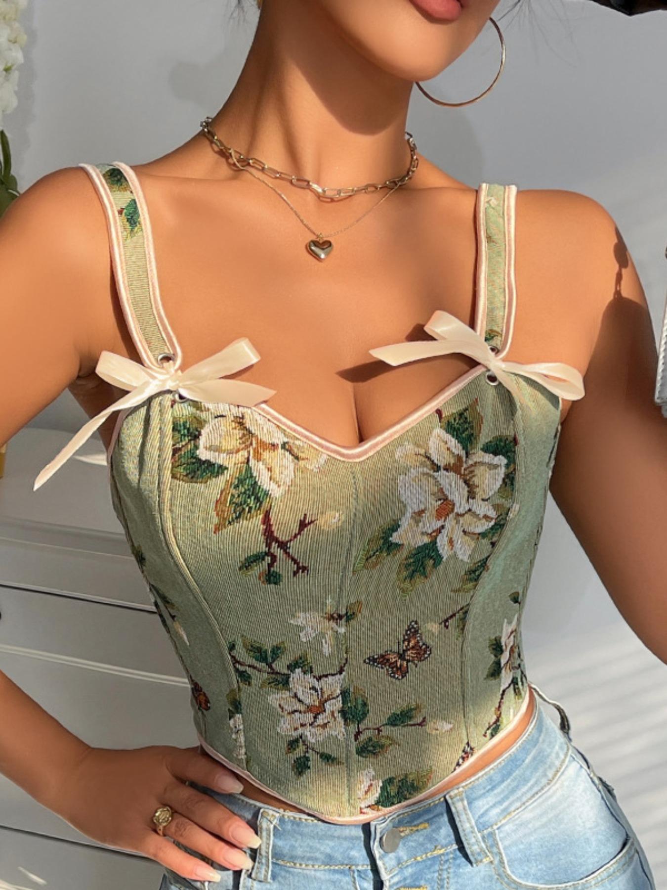 Women's Floral Print Adjustable Lace Up Corset Structure Shapewear Tank Top, Fashionable Bow Decor Shapewear Top for Daily Wear, Tummy Control Shaper for Women Women's Floral Print Adjustable Lace Up Corset Structure Shapewear Tank Top, Fashionable Bow Decor Shapewear Top for Daily Wear, Tummy Control Shaper for Women