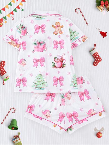 【christmas】Women's Christmas Pajama Set, Santa Cookie Print, Short Sleeve Button-up Top & Elastic Shorts, Casual All-season Sleepwear, Christmas Pyjamas, Loungewear 【christmas】Women's Christmas Pajama Set, Santa Cookie Print, Short Sleeve Button-up Top & Elastic Shorts, Casual All-season Sleepwear, Christmas Pyjamas, Loungewear