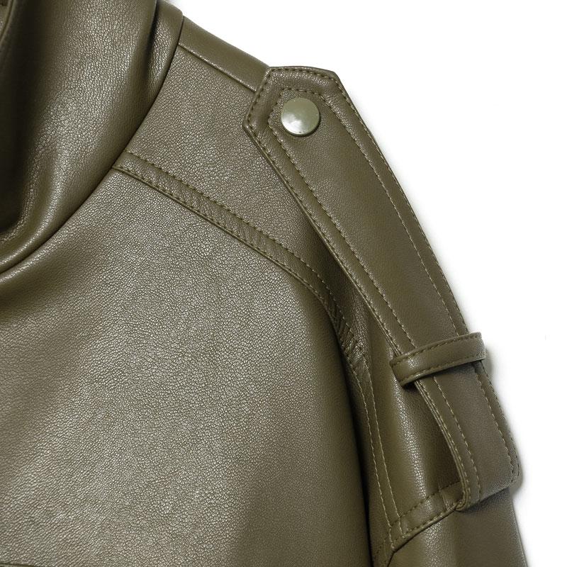Women's Olive Green Faux Leather Bomber Moto Jacket with Stand Collar and Flap Pockets, Casual Short Layered Streetwear Outerwear Women's Olive Green Faux Leather Bomber Moto Jacket with Stand Collar and Flap Pockets, Casual Short Layered Streetwear Outerwear